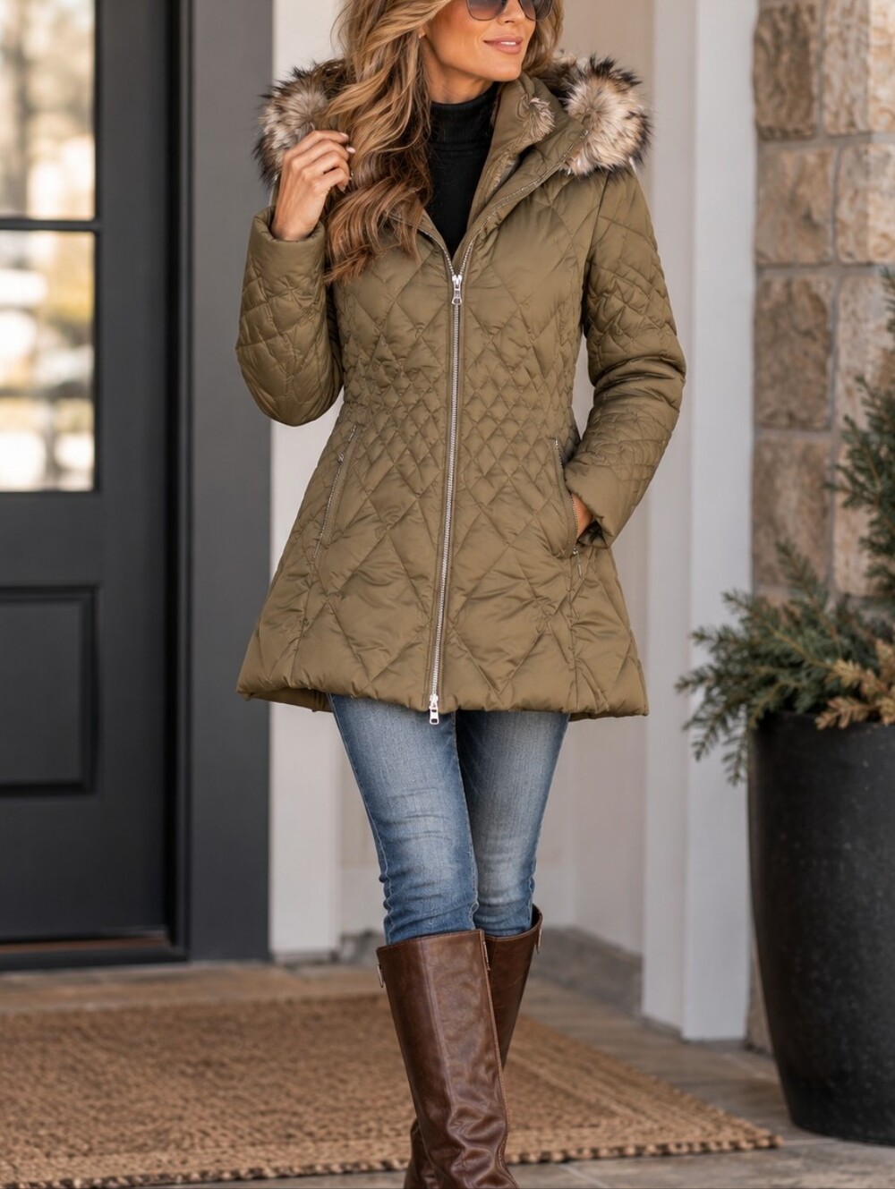 EDDIE BAUER Premium Goose Down Jacket. Cheveron Pattern. Fur Lined Hood.